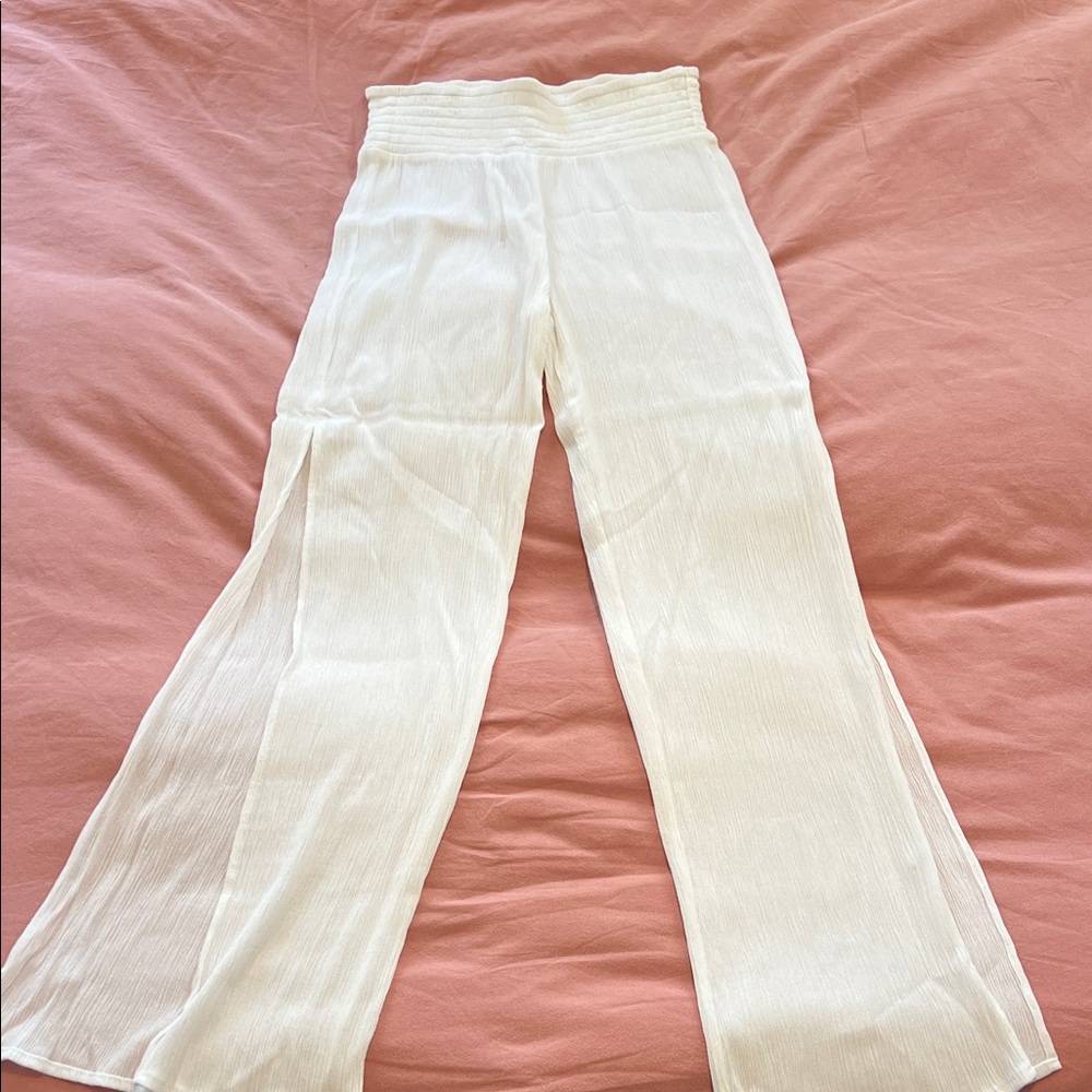 Kona Sol Cream Sheer Wide-Leg Split-Side Pants